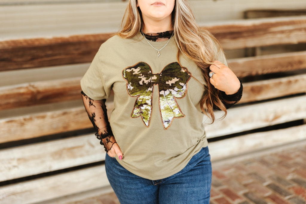 Sequin Camo Bow Patch Tee - Rooted & Reckless Co.