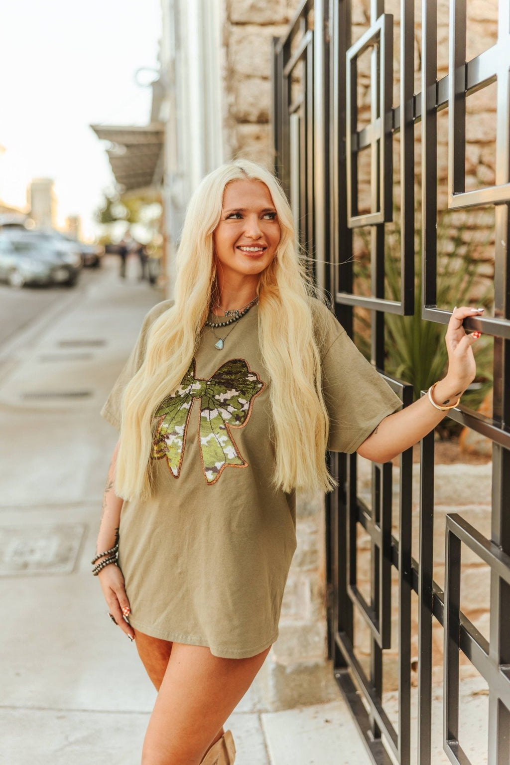 Sequin Camo Bow Patch Tee - Rooted & Reckless Co.