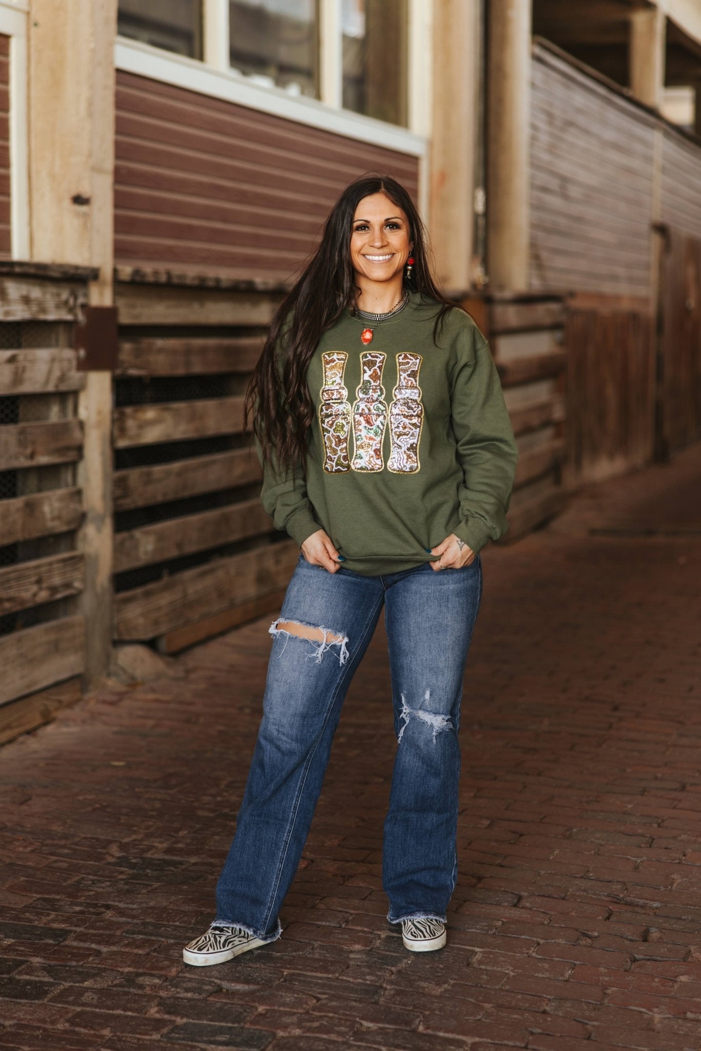 Sequin Hunting Duck Calls Patch Sweatshirt - Rooted & Reckless Co.