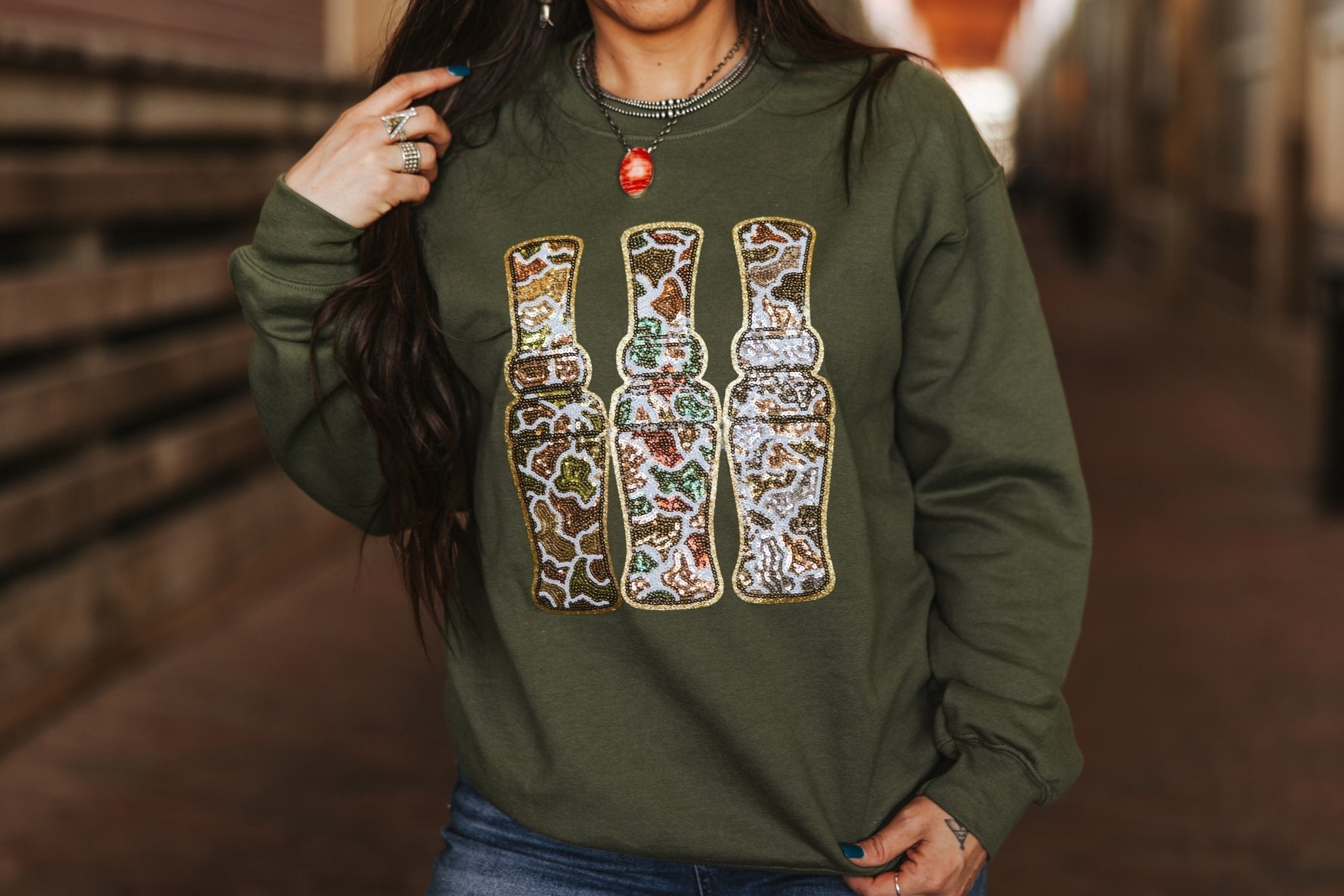 Sequin Hunting Duck Calls Patch Sweatshirt - Rooted & Reckless Co.