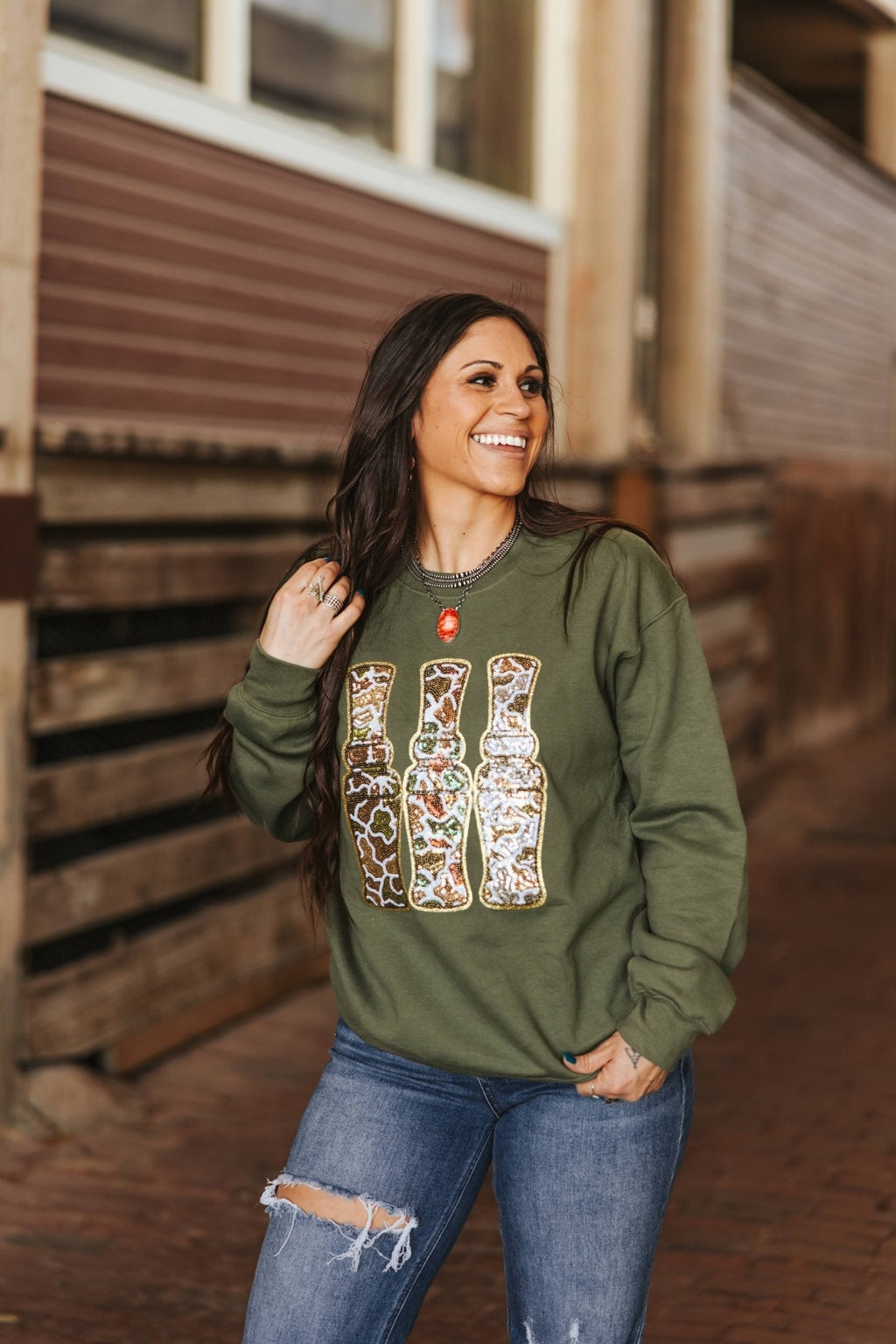 Sequin Hunting Duck Calls Patch Sweatshirt - Rooted & Reckless Co.