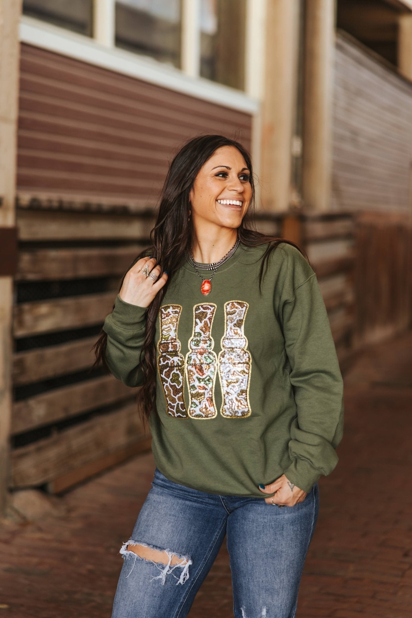 Sequin Hunting Duck Calls Patch Sweatshirt - Rooted & Reckless Co.