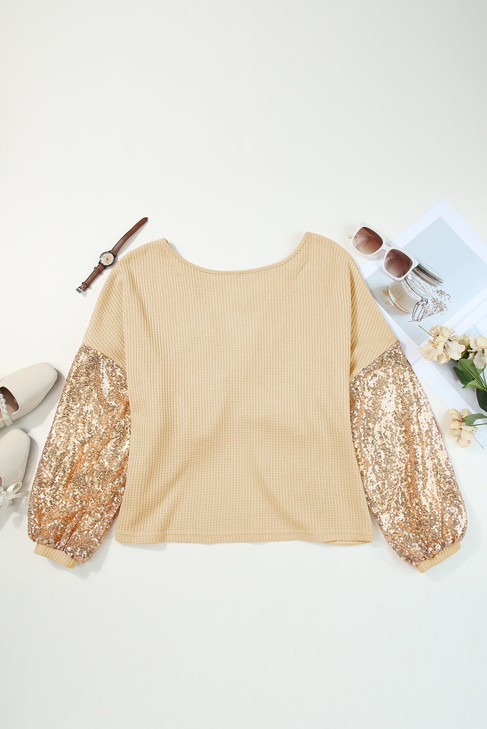 Sequin Patchwork Sleeve Open Back Top - Rooted & Reckless Co.
