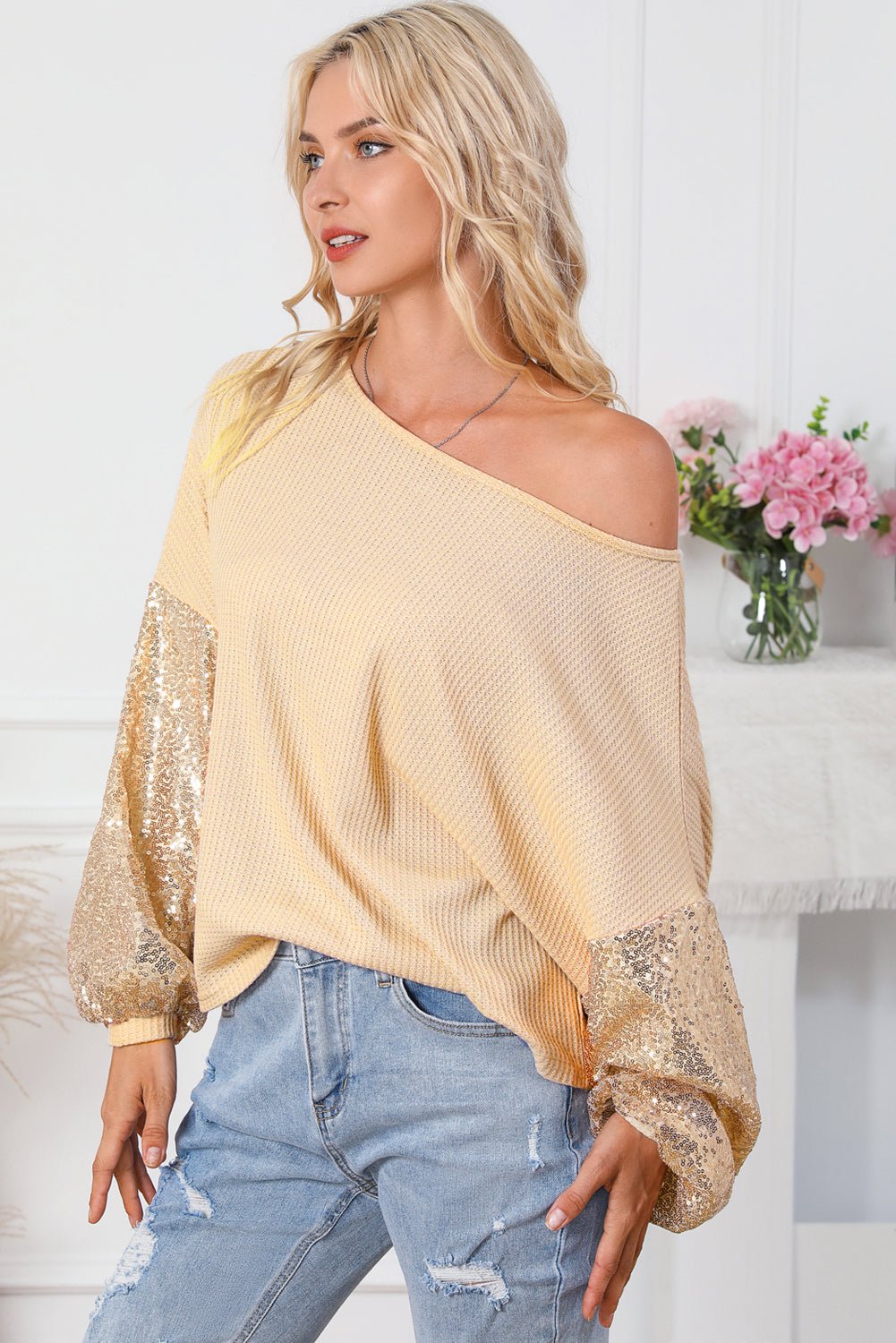 Sequin Patchwork Sleeve Open Back Top - Rooted & Reckless Co.