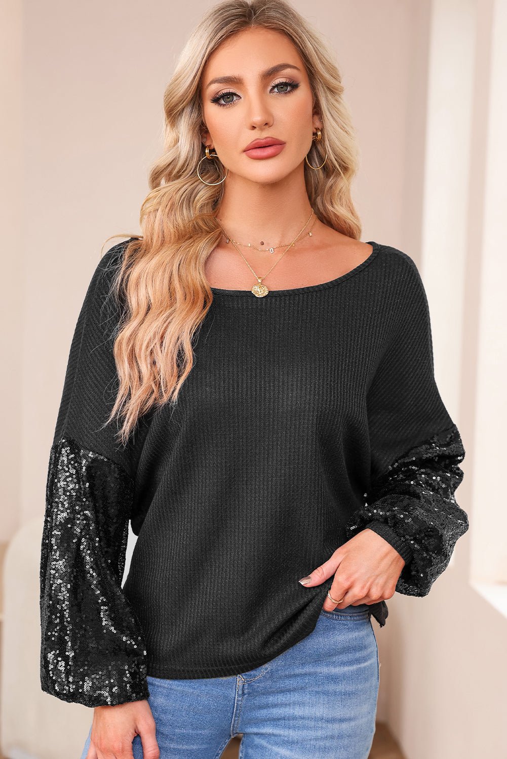 Sequin Patchwork Sleeve Open Back Top - Rooted & Reckless Co.