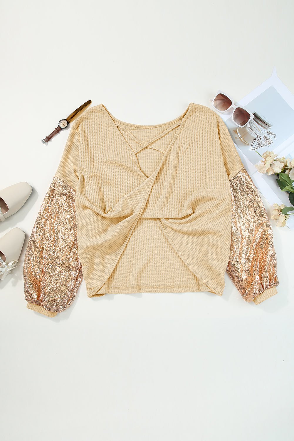 Sequin Patchwork Sleeve Open Back Top - Rooted & Reckless Co.