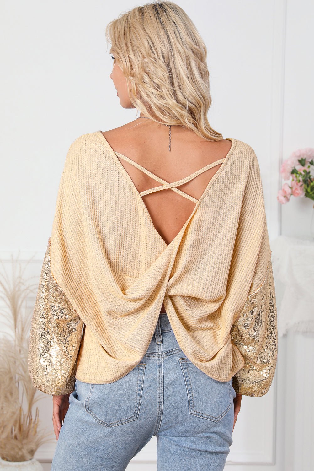 Sequin Patchwork Sleeve Open Back Top - Rooted & Reckless Co.