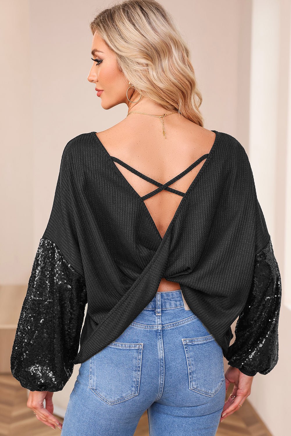 Sequin Patchwork Sleeve Open Back Top - Rooted & Reckless Co.