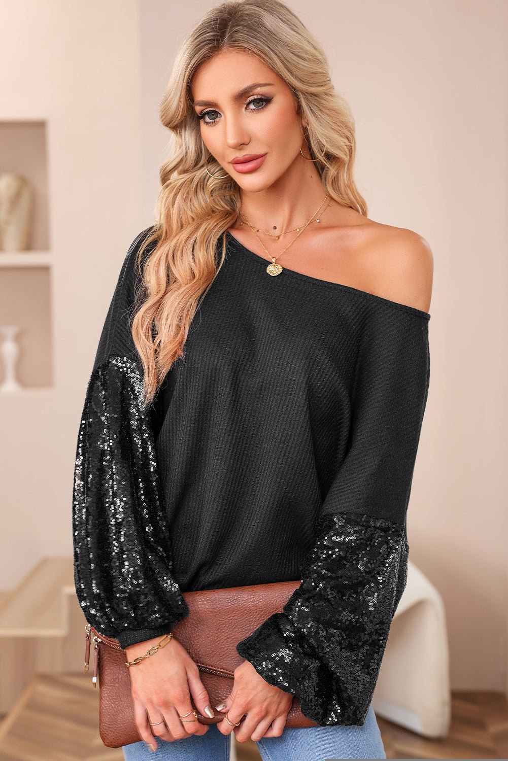 Sequin Patchwork Sleeve Open Back Top - Rooted & Reckless Co.
