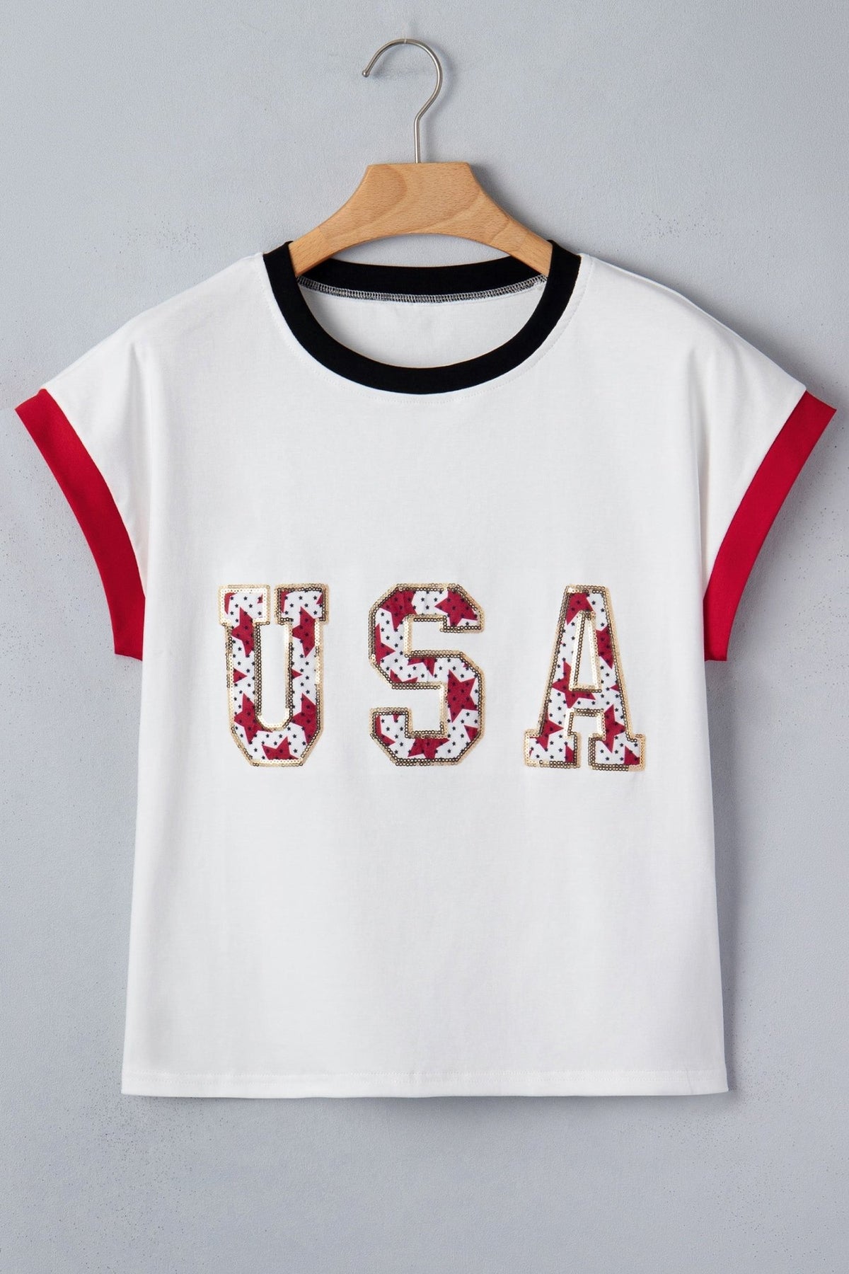 Sequin Star USA Patch Colorblock Trim T-Shirt - Rooted & Reckless Co.
