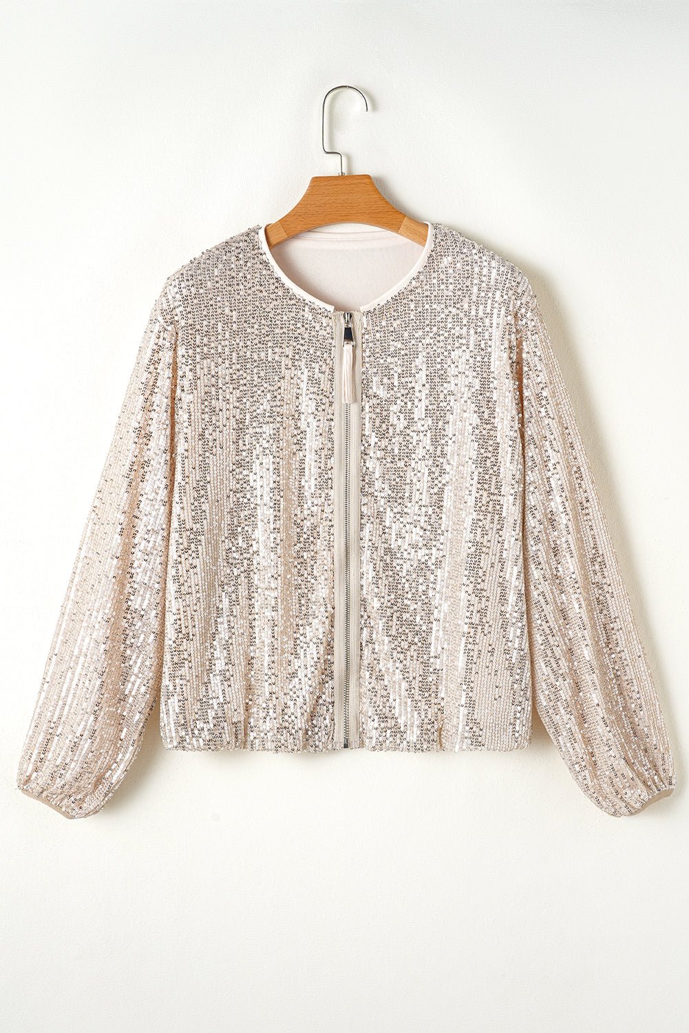 Sequin Zip Up Round Neck Long Sleeve Jacket - Rooted & Reckless Co.
