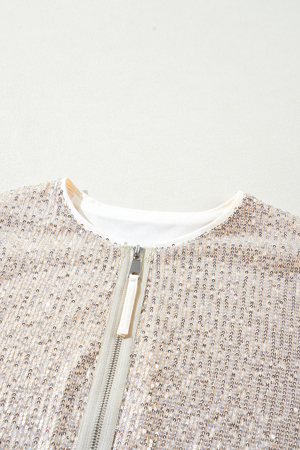 Sequin Zip Up Round Neck Long Sleeve Jacket - Rooted & Reckless Co.