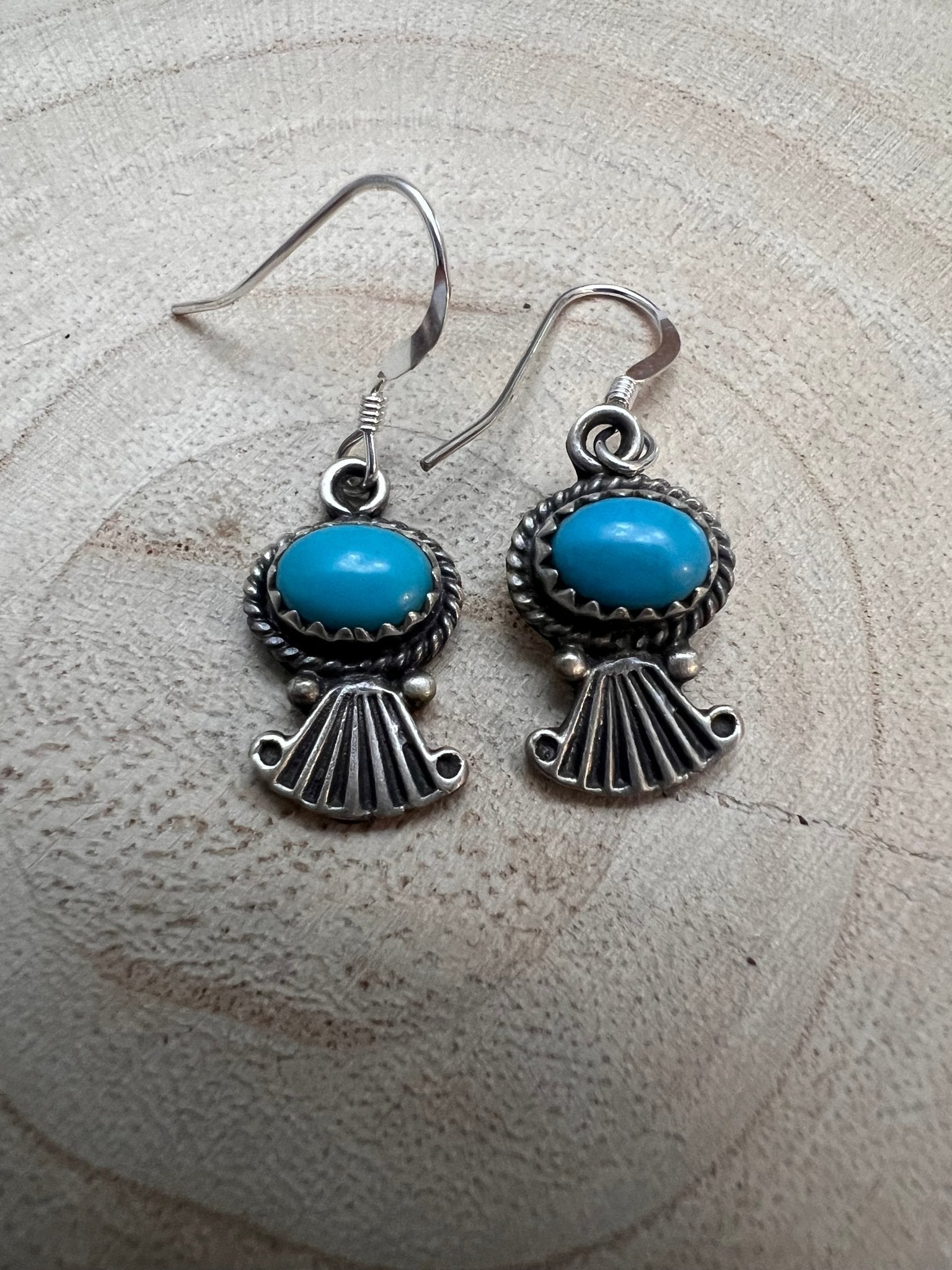 Sharon McCarthy Navajo Hand-Stamped Kingman Turquoise Sterling Drop Earrings — 1/2" - Rooted & Reckless Co.