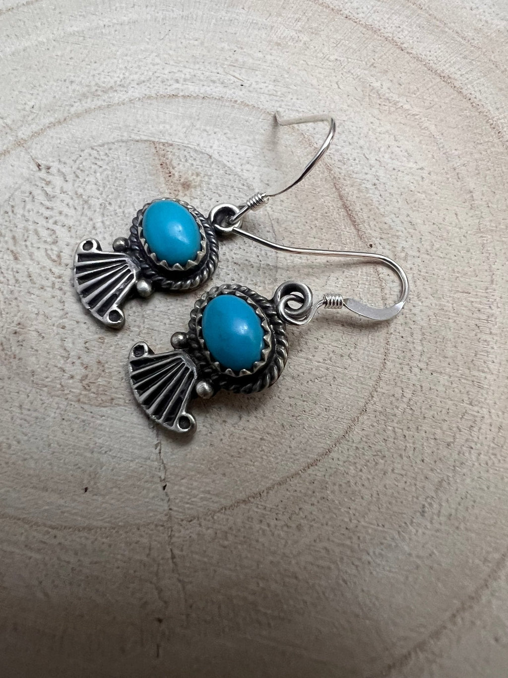 Sharon McCarthy Navajo Hand-Stamped Kingman Turquoise Sterling Drop Earrings — 1/2" - Rooted & Reckless Co.