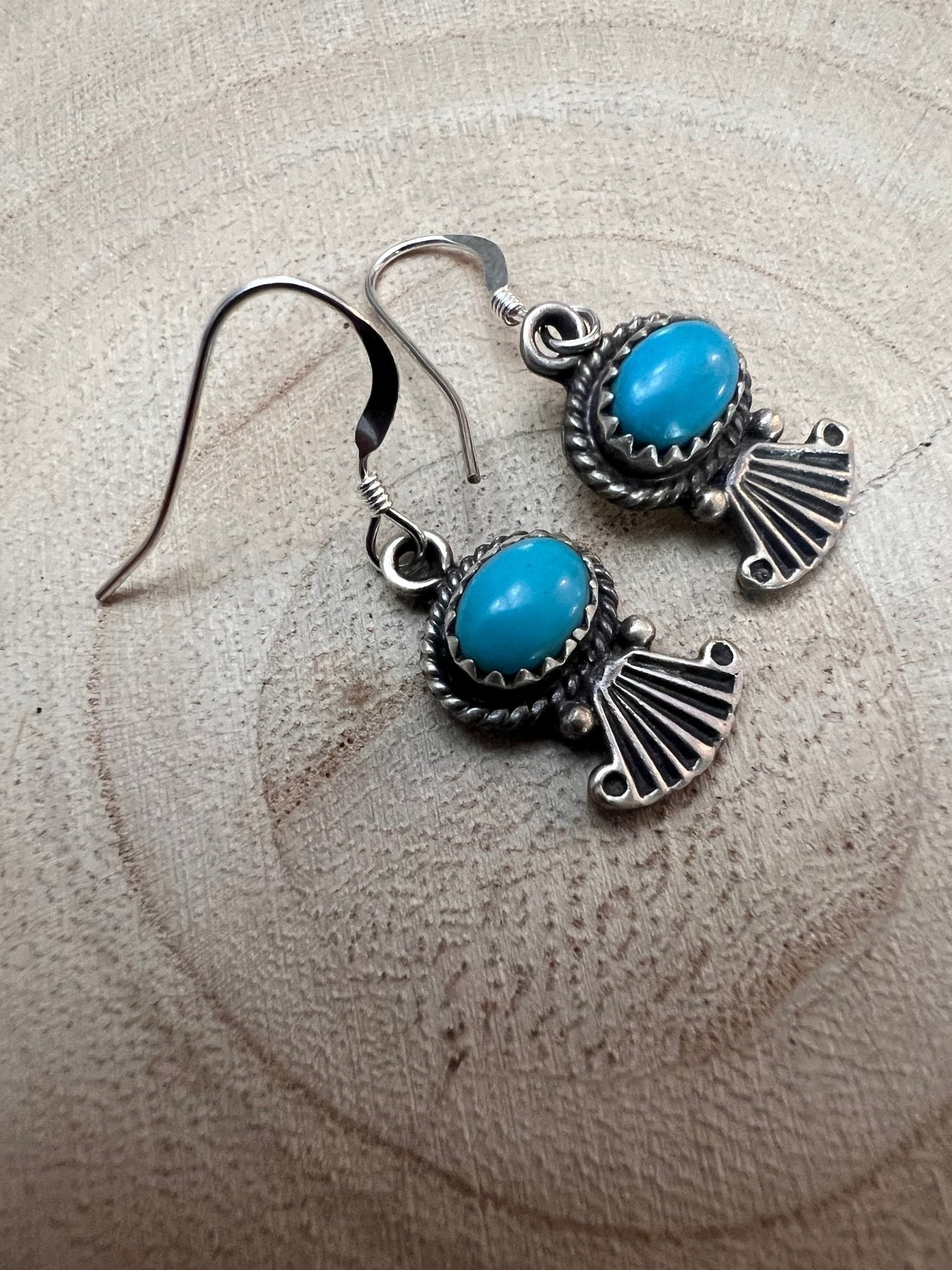 Sharon McCarthy Navajo Hand-Stamped Kingman Turquoise Sterling Drop Earrings — 1/2" - Rooted & Reckless Co.