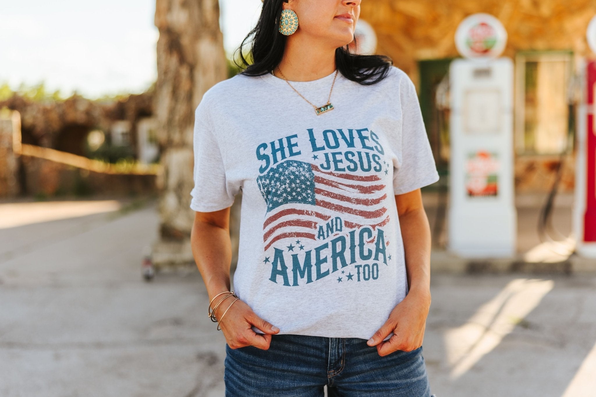 She Loves Jesus & America Graphic Tee - Rooted & Reckless Co.
