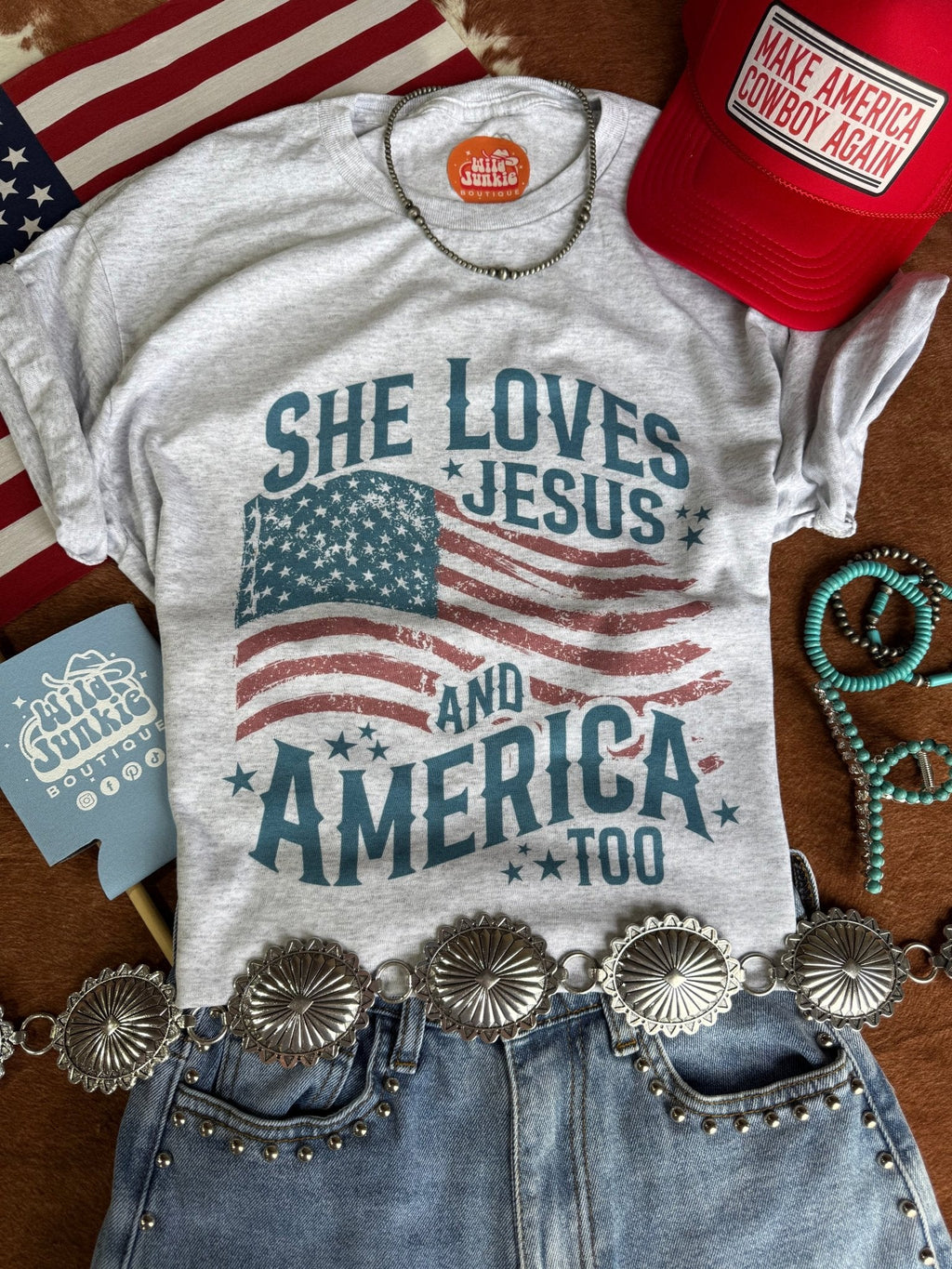 She Loves Jesus & America Graphic Tee - Rooted & Reckless Co.