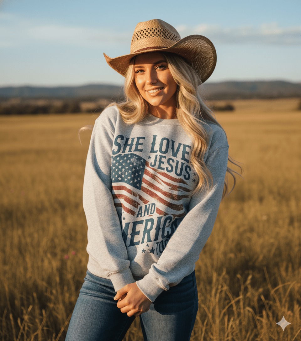 She Loves Jesus & America Sweatshirt - Rooted & Reckless Co.