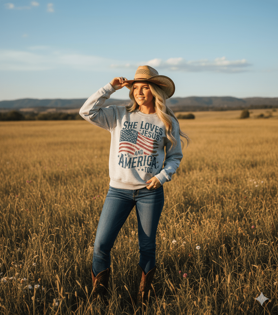 She Loves Jesus & America Sweatshirt - Rooted & Reckless Co.