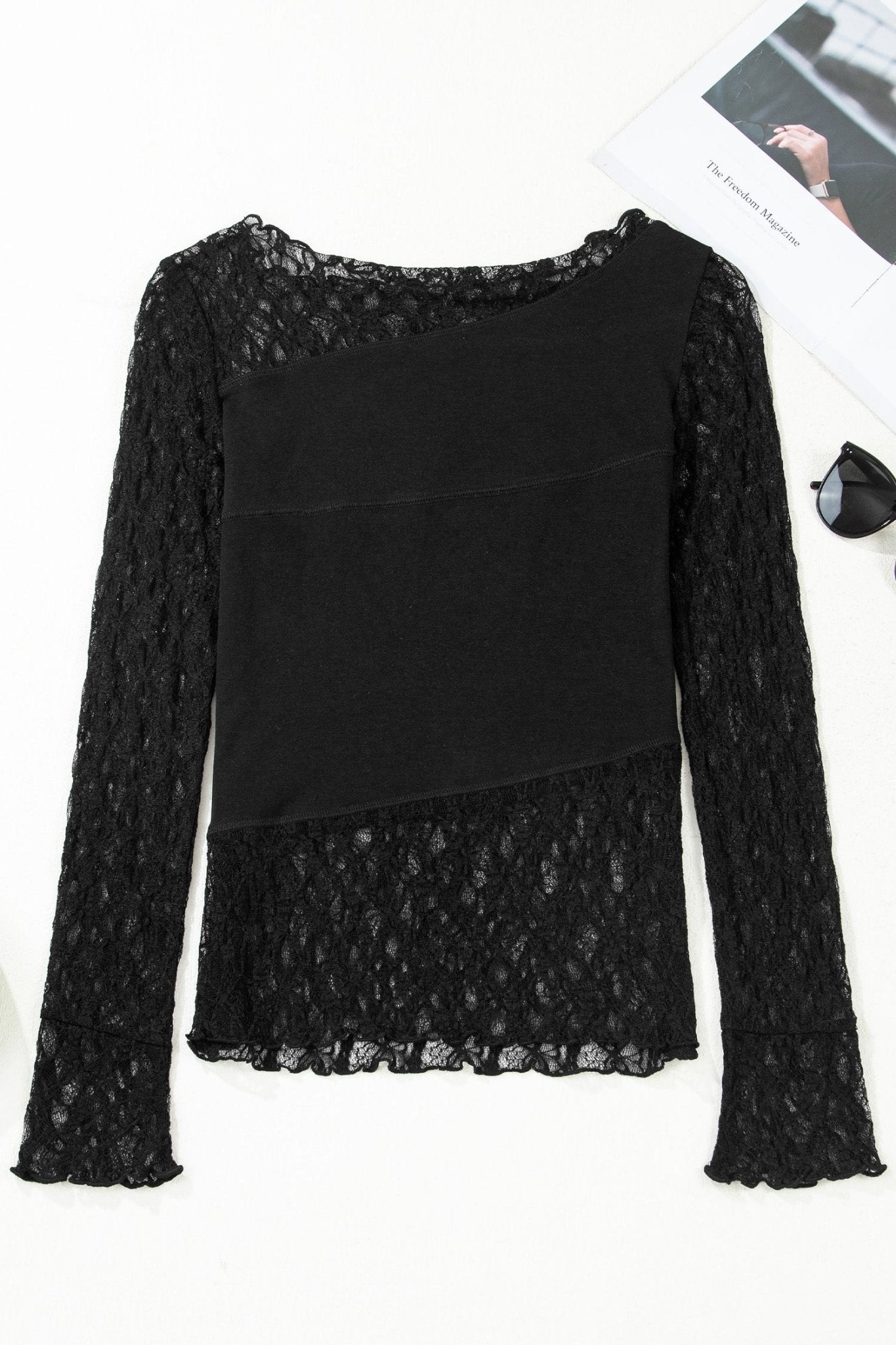 Sheer Lace Asymmetric Patchwork Long Sleeve Top - Rooted & Reckless Co.