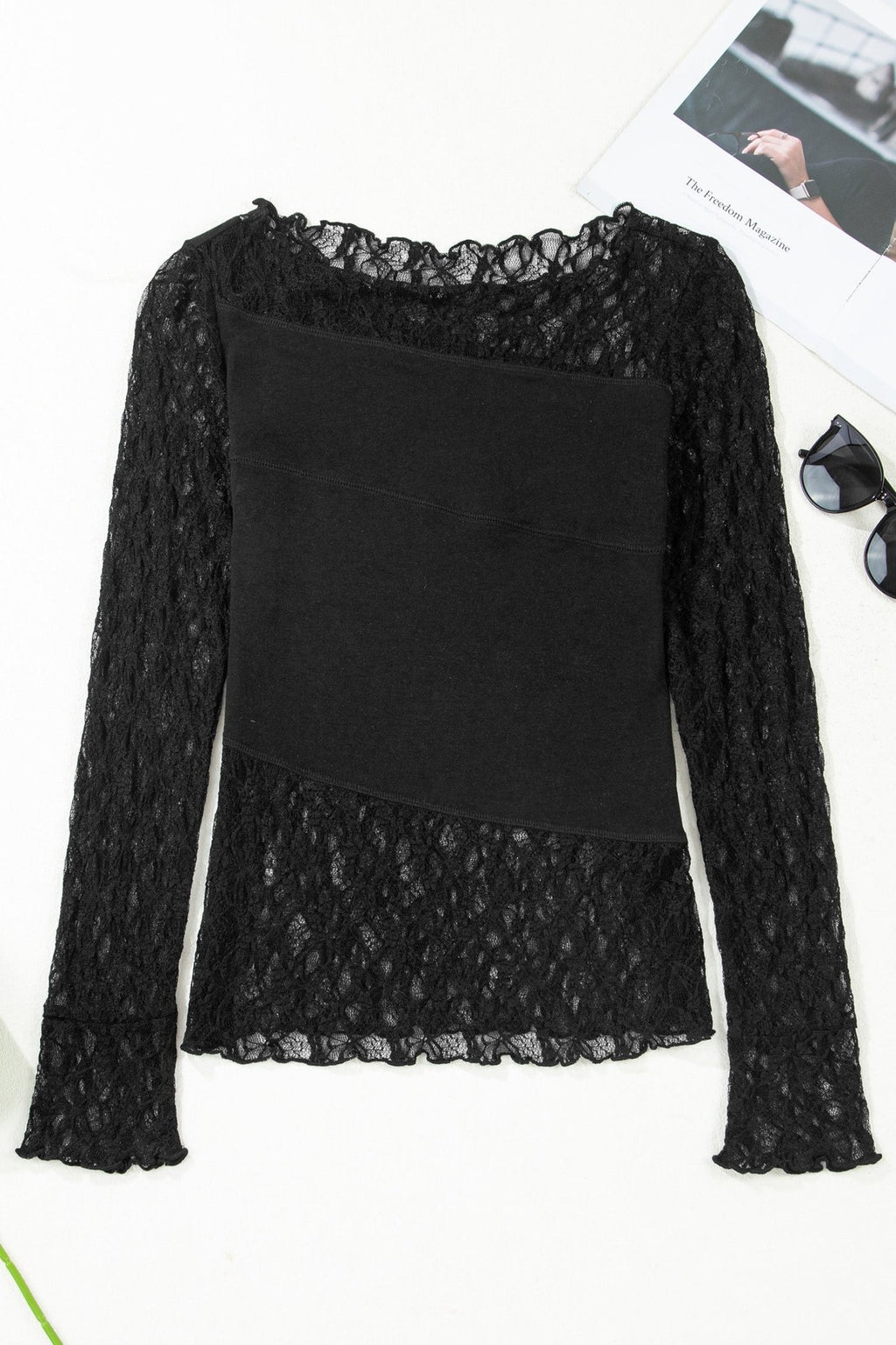 Sheer Lace Asymmetric Patchwork Long Sleeve Top - Rooted & Reckless Co.