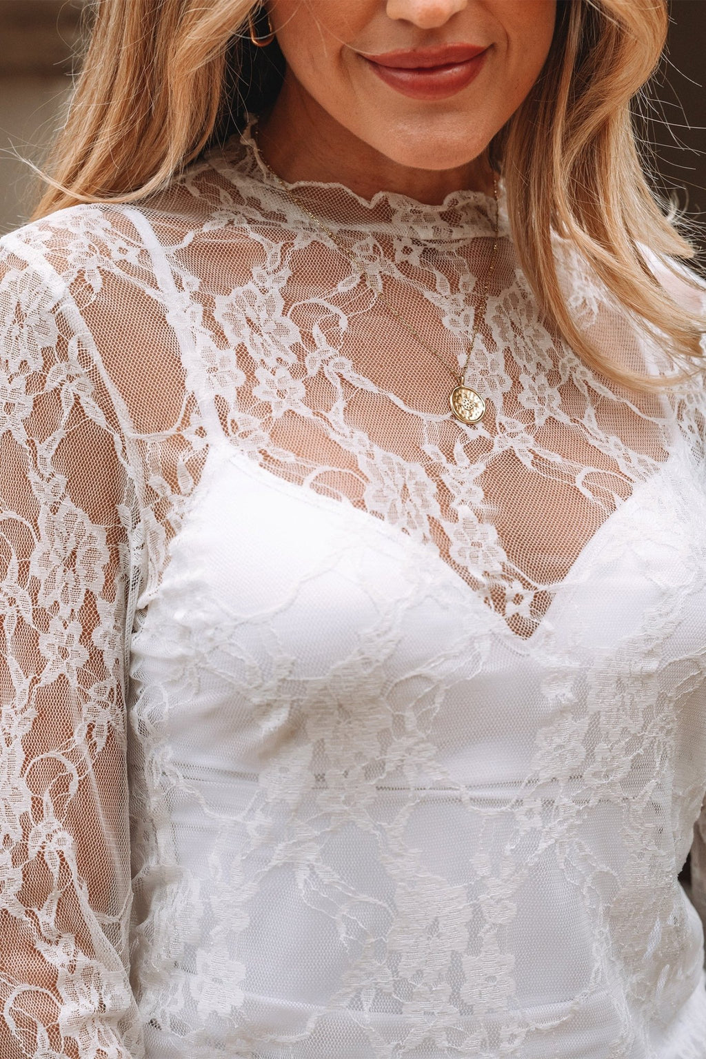Sheer Lace Mesh Mock Neck Long Sleeve Top - Rooted & Reckless Co.