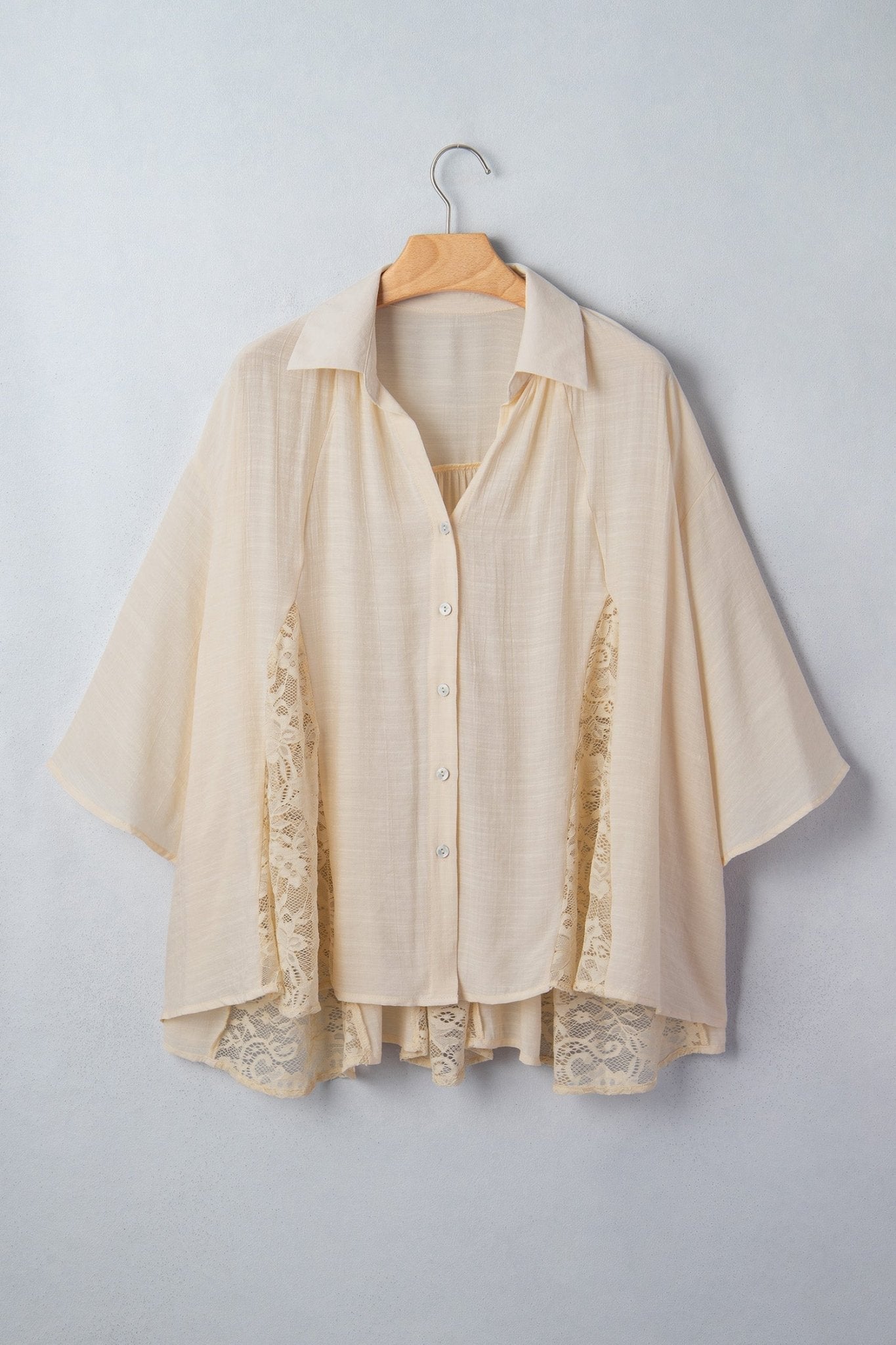Sheer Lace Patchwork 3/4 Sleeve Flowy Shirt - Rooted & Reckless Co.