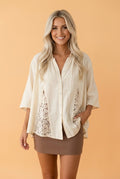 Sheer Lace Patchwork 3/4 Sleeve Flowy Shirt - Rooted & Reckless Co.