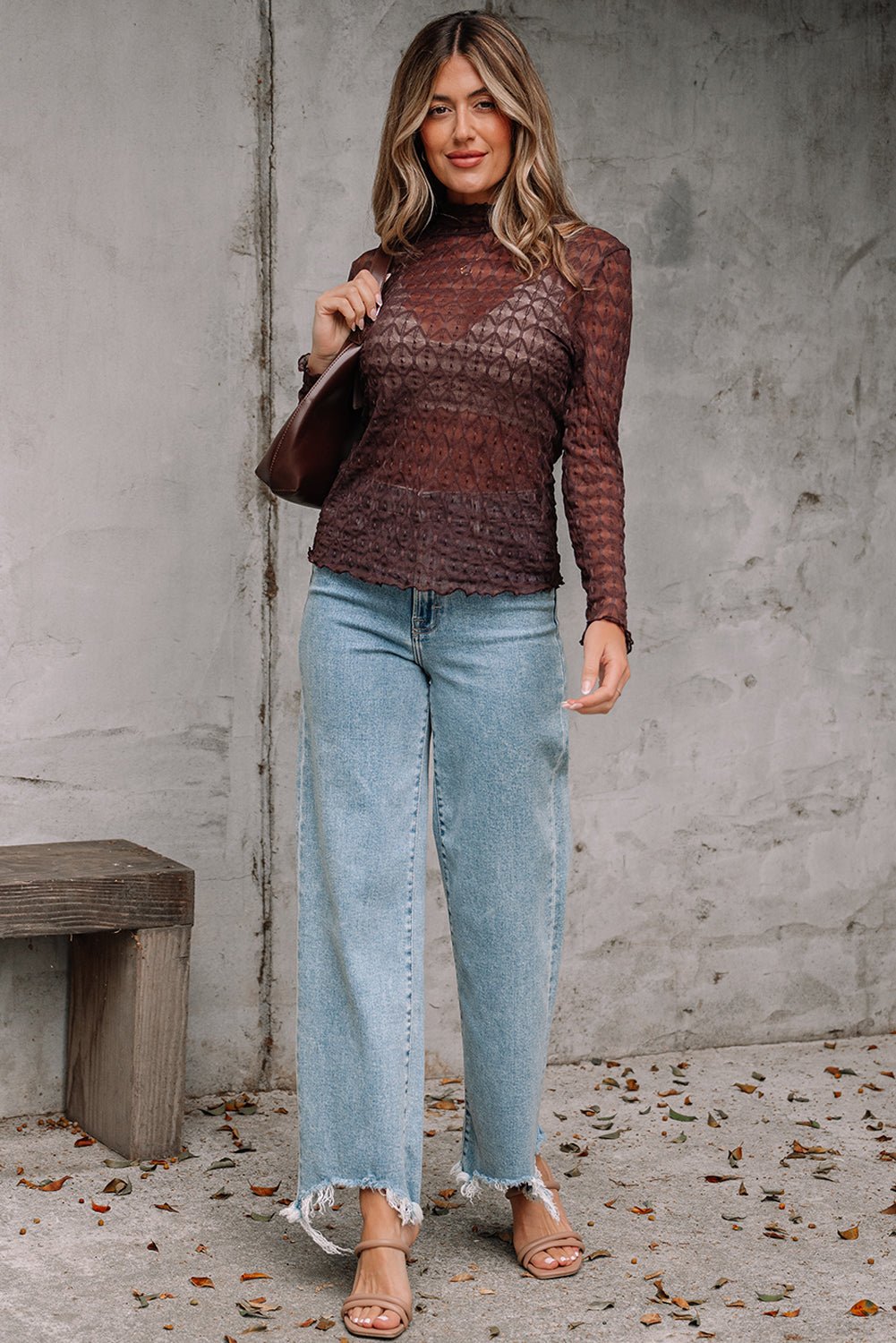 Sheer Mesh Lettuce Trim Long Sleeve Top - Rooted & Reckless Co.