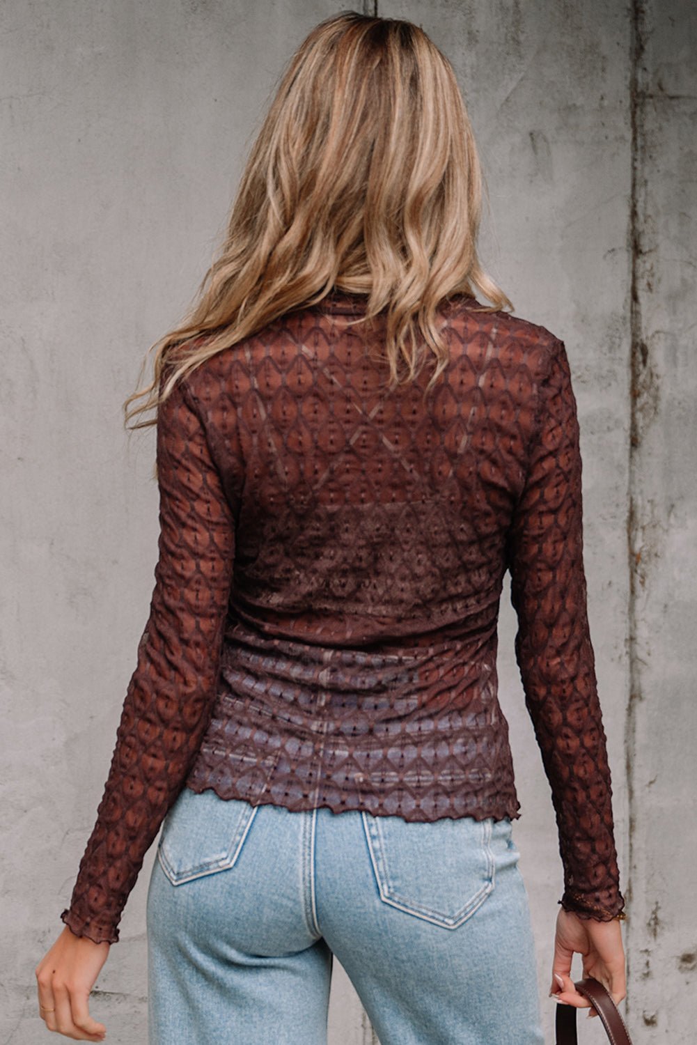 Sheer Mesh Lettuce Trim Long Sleeve Top - Rooted & Reckless Co.
