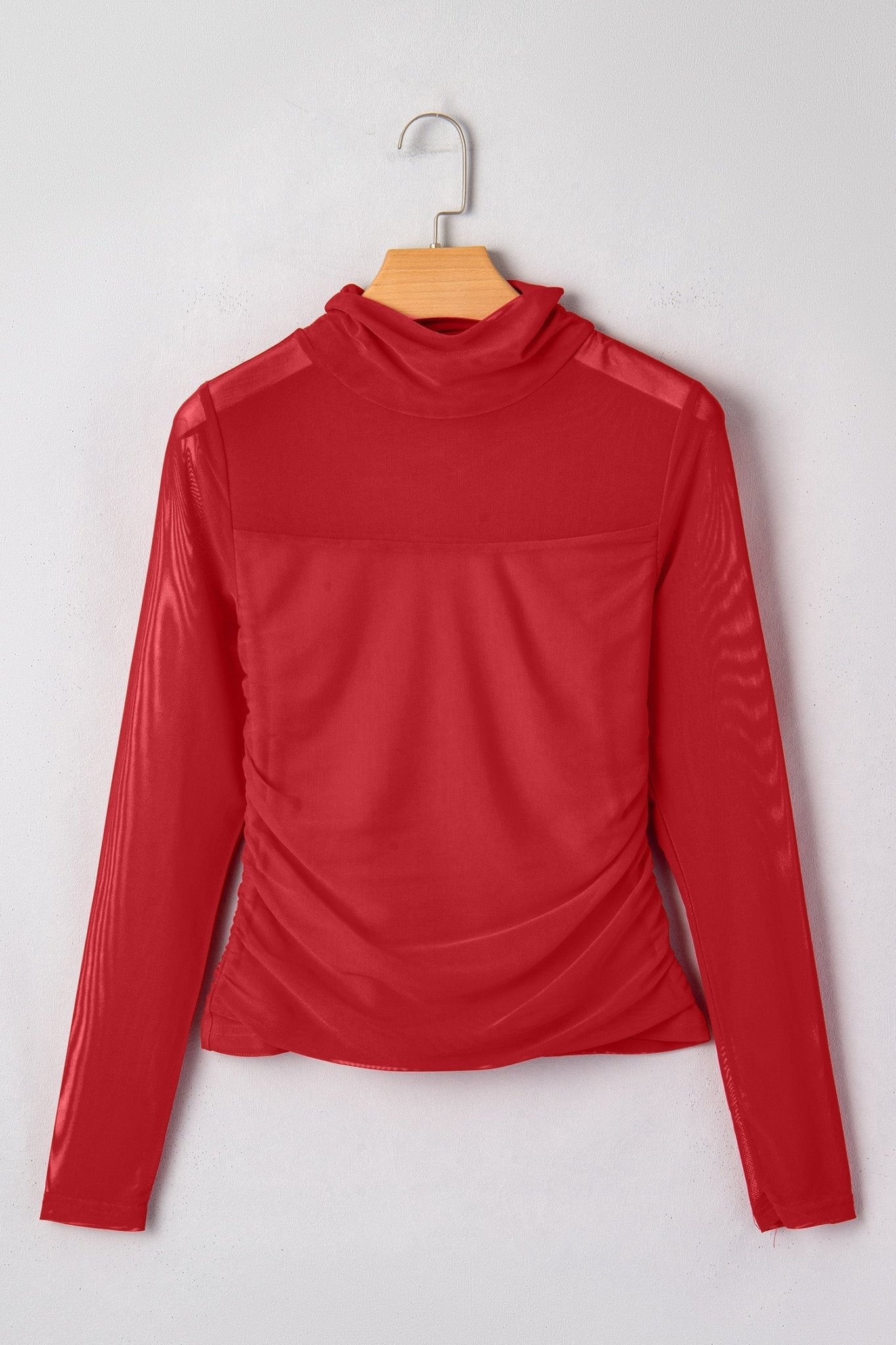 Sheer Mesh Patchwork High Neck Long Sleeve Top - Rooted & Reckless Co.