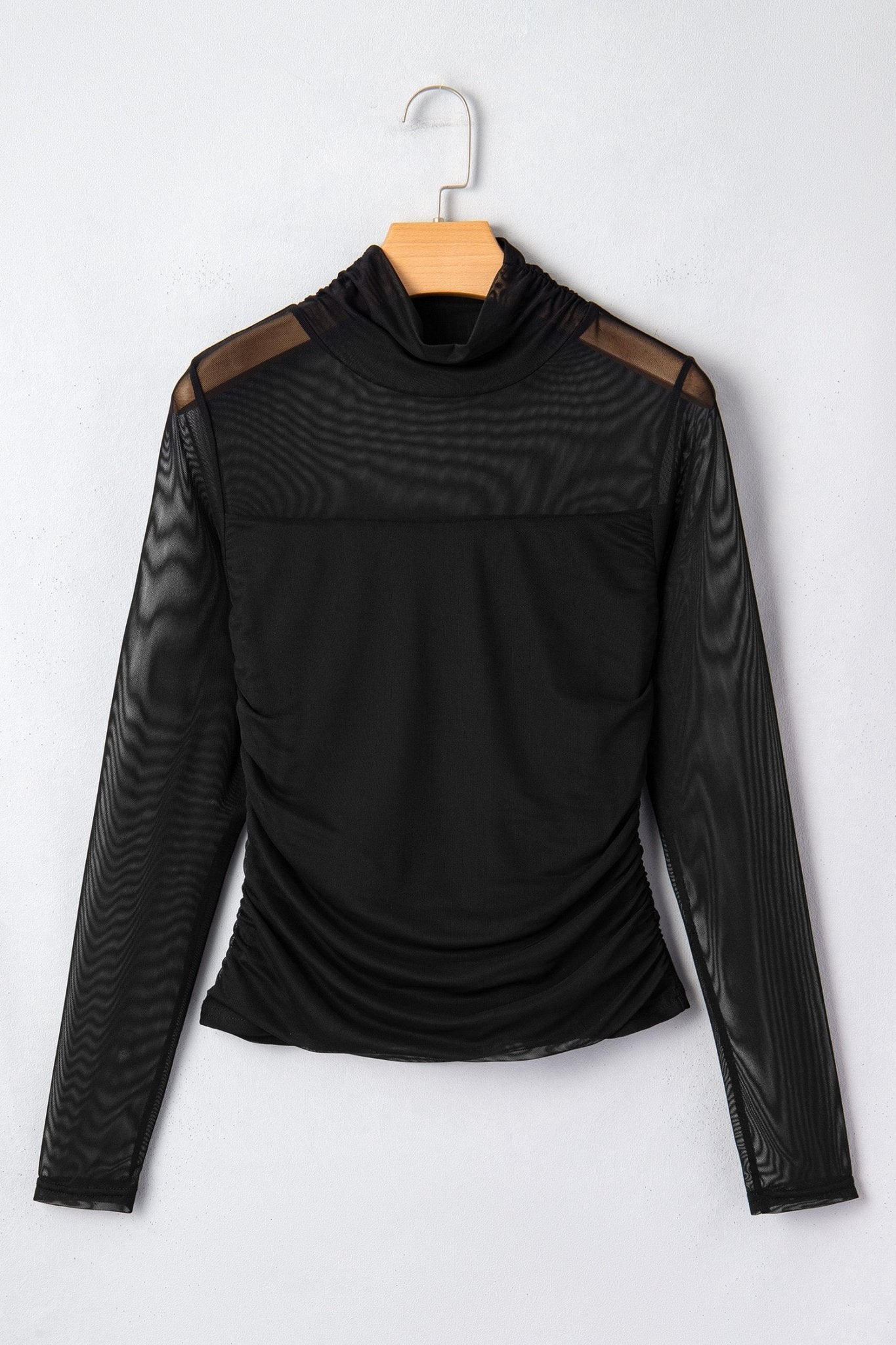 Sheer Mesh Patchwork High Neck Long Sleeve Top - Rooted & Reckless Co.