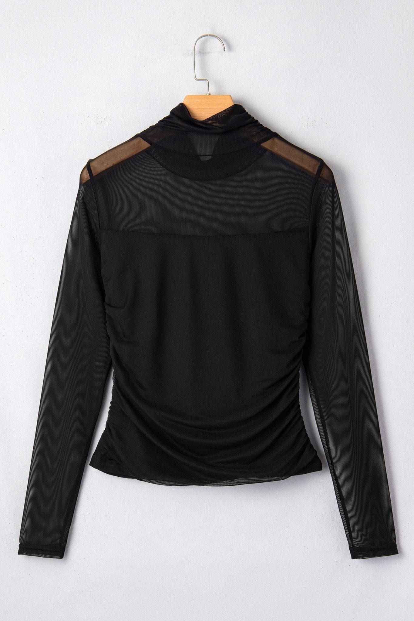 Sheer Mesh Patchwork High Neck Long Sleeve Top - Rooted & Reckless Co.