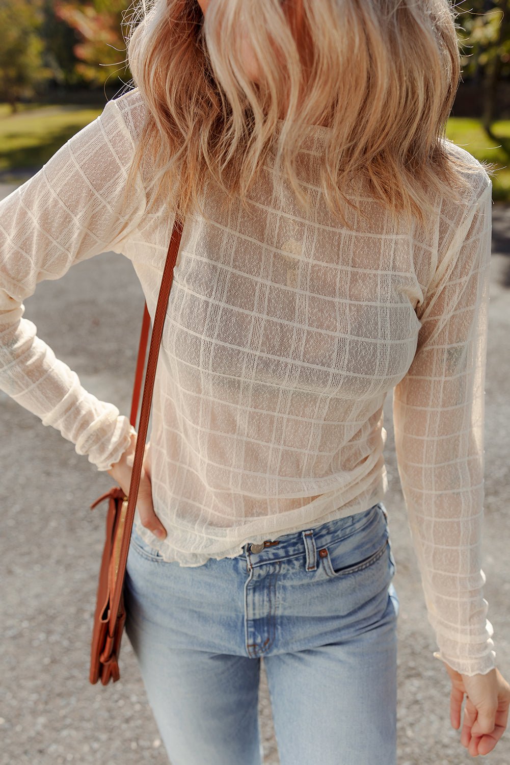 Sheer Plaid Mesh Lettuce Trim Long Sleeve Top - Rooted & Reckless Co.