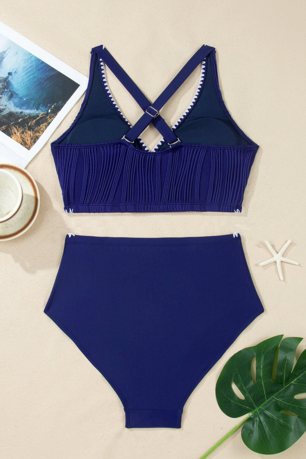 Shell Stitch Trim Textured High Waist Bikini Set - Rooted & Reckless Co.