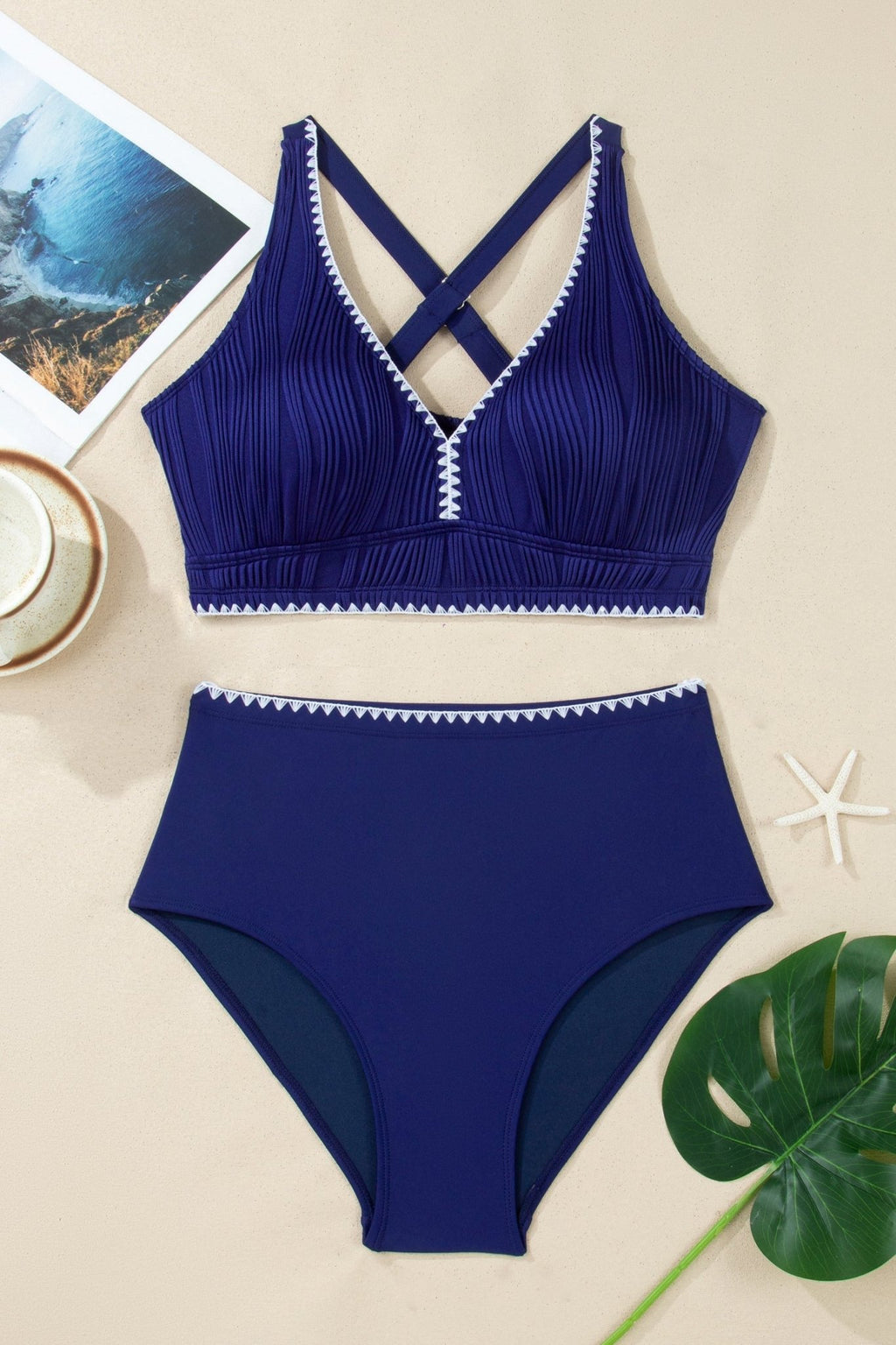 Shell Stitch Trim Textured High Waist Bikini Set - Rooted & Reckless Co.