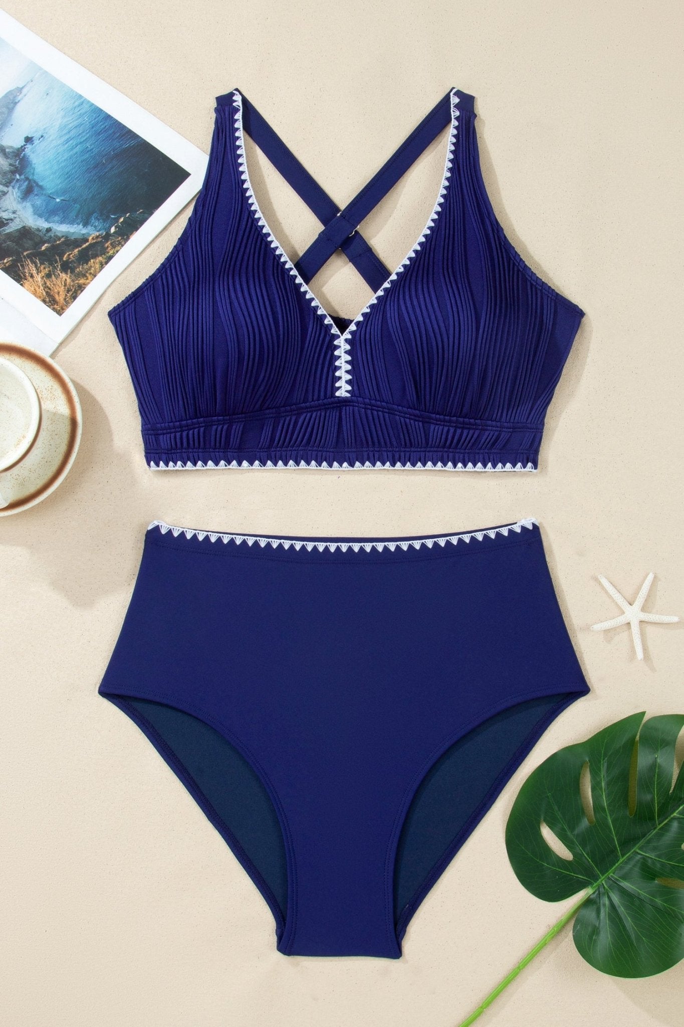 Shell Stitch Trim Textured High Waist Bikini Set - Rooted & Reckless Co.
