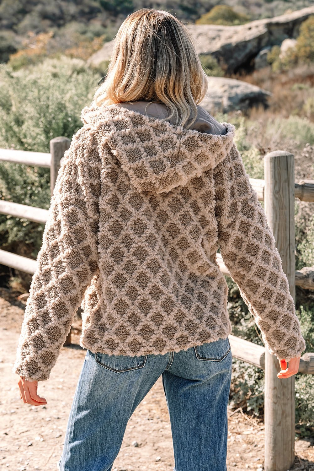 Sherpa Rhombus Textured Zip Up Hooded Jacket - Rooted & Reckless Co.
