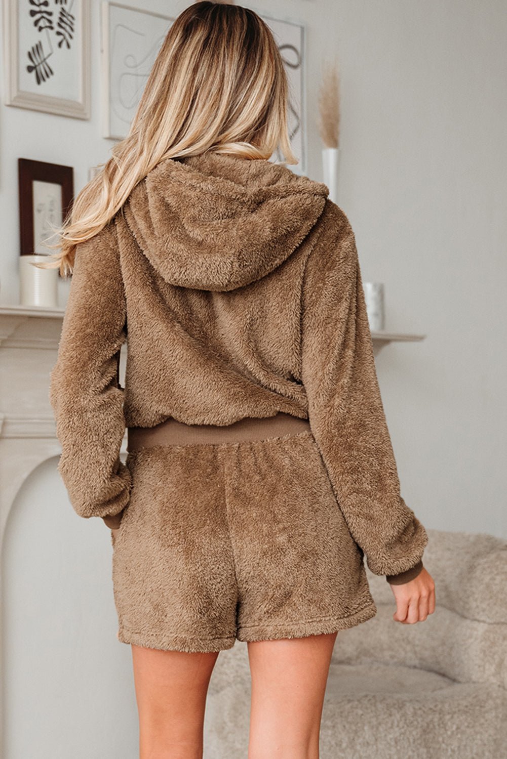 Sherpa Zip-Up Hoodie and Drawstring Shorts Set - Rooted & Reckless Co.