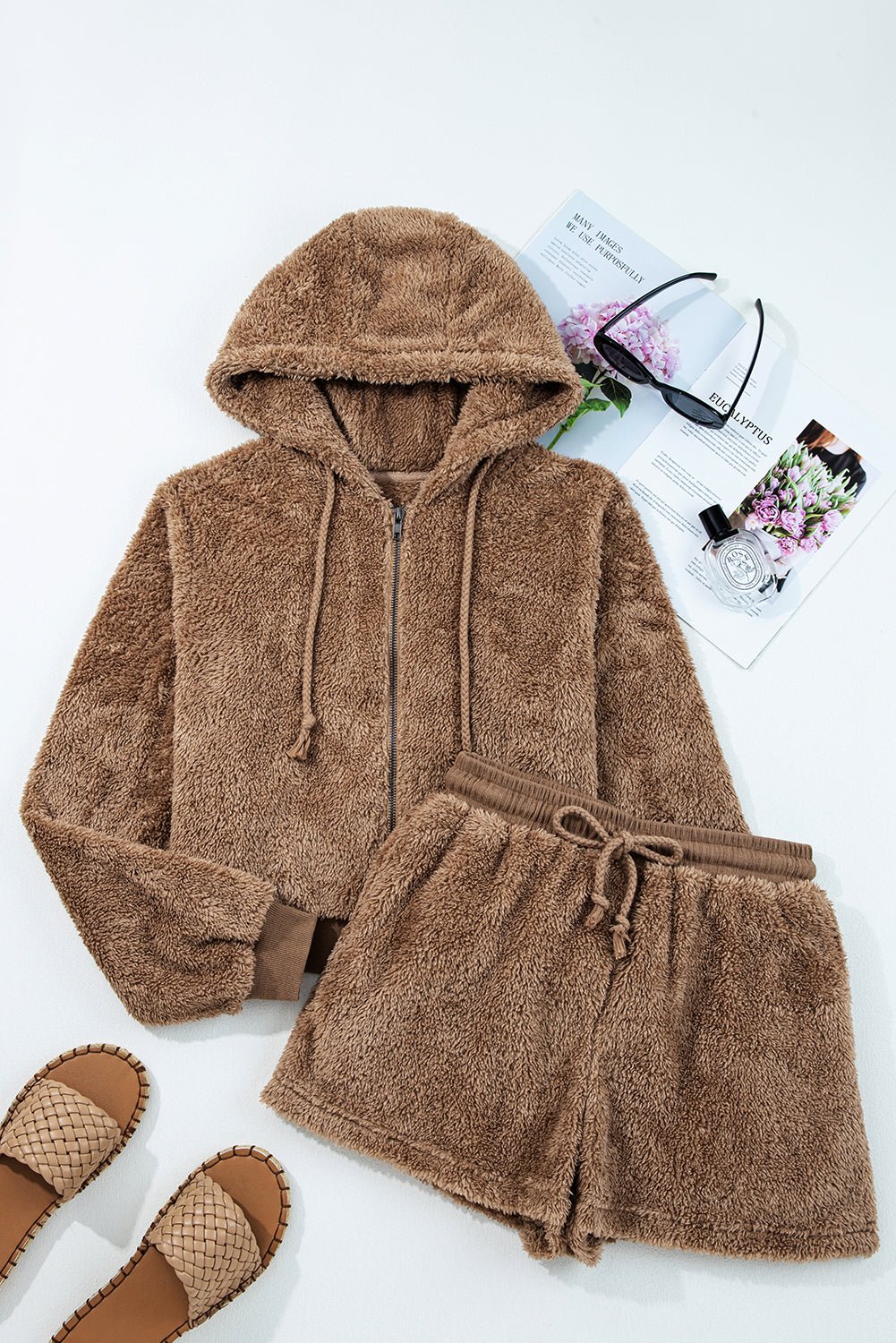 Sherpa Zip-Up Hoodie and Drawstring Shorts Set - Rooted & Reckless Co.