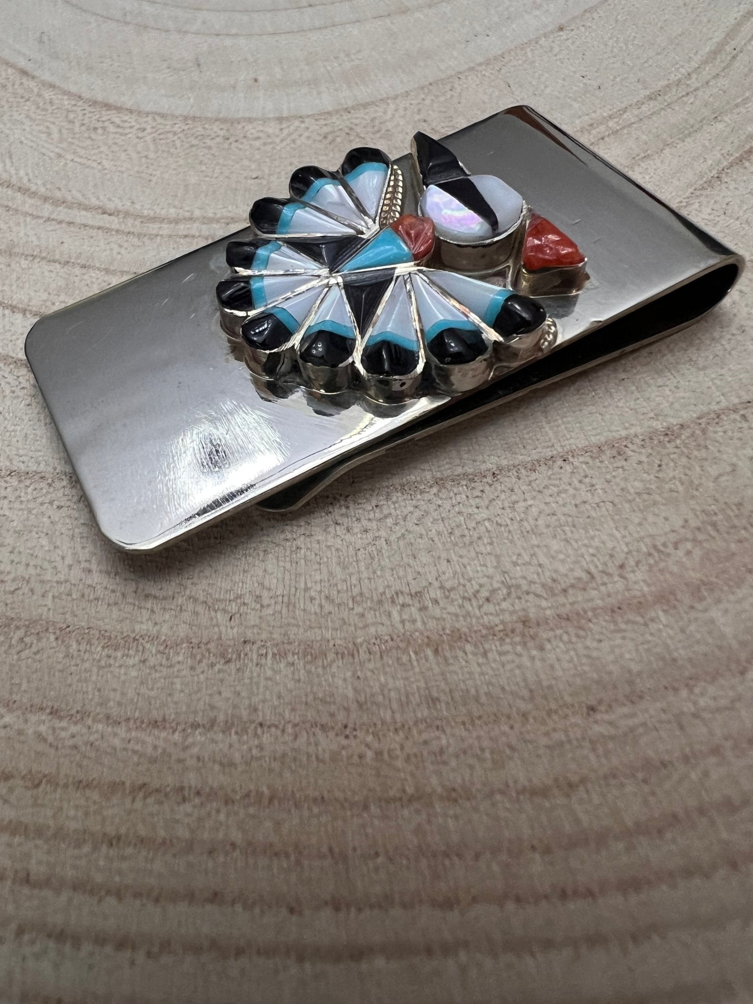 Sherry Nez Zuni Multi-Stone Inlay Money Clip — Sterling Silver & Stainless - Rooted & Reckless Co.