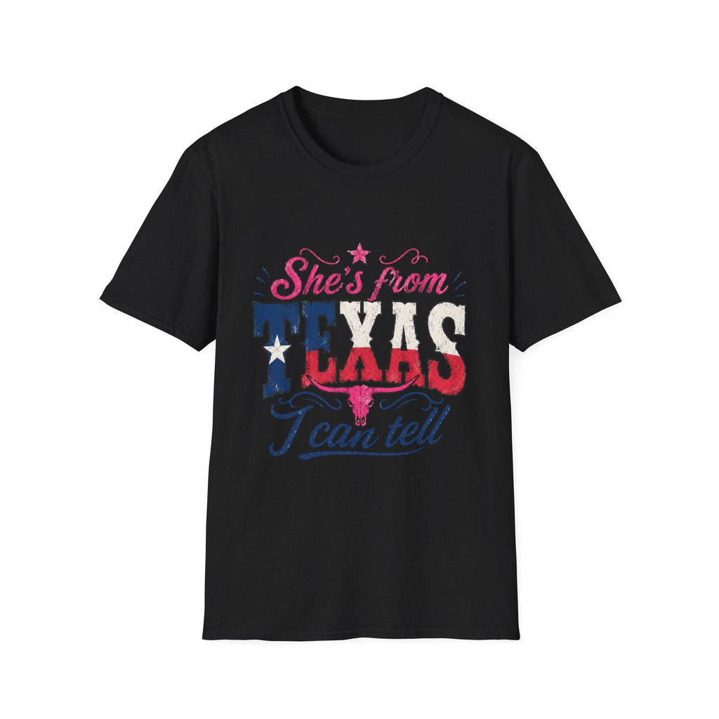 She's From Texas T-Shirt — Patriotic Retro Lone Star Tee for Women - Rooted & Reckless Co.