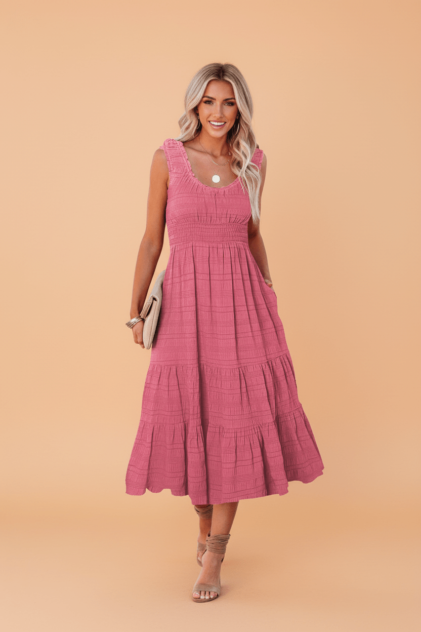 Shirred Pleated Square Neck Sleeveless Midi Dress - Rooted & Reckless Co.