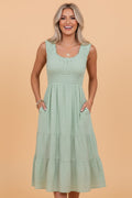 Shirred Pleated Square Neck Sleeveless Midi Dress - Rooted & Reckless Co.