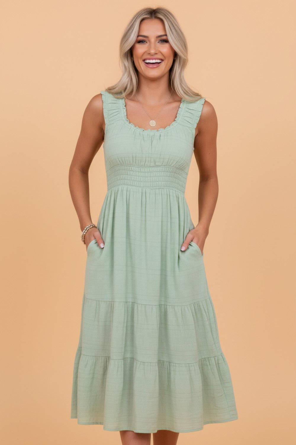 Shirred Pleated Square Neck Sleeveless Midi Dress - Rooted & Reckless Co.