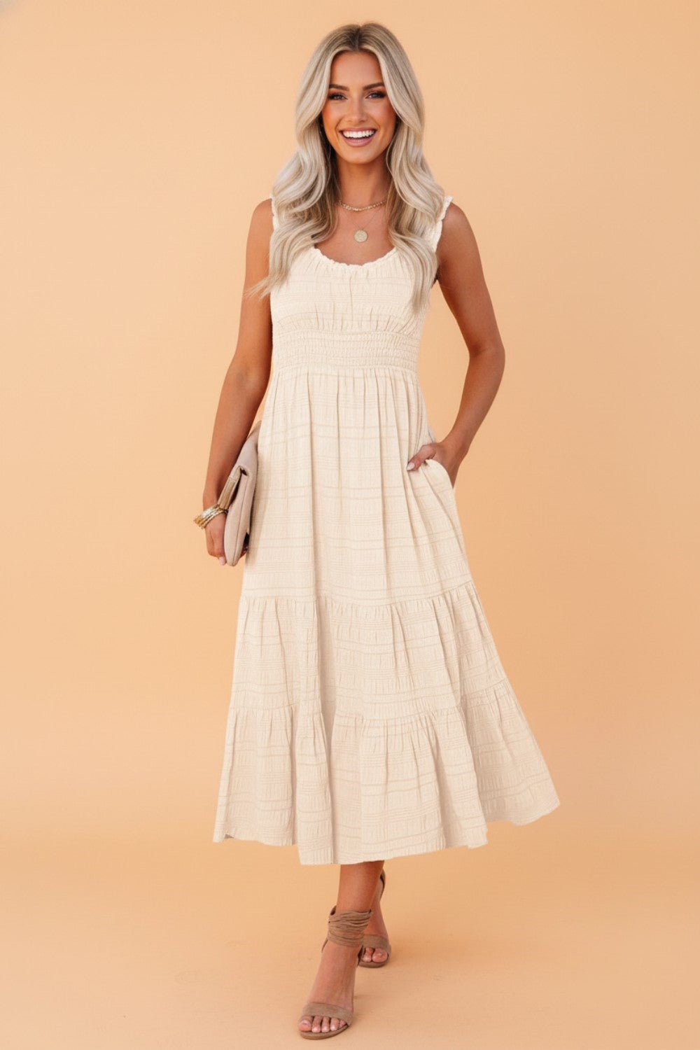 Shirred Pleated Square Neck Sleeveless Midi Dress - Rooted & Reckless Co.