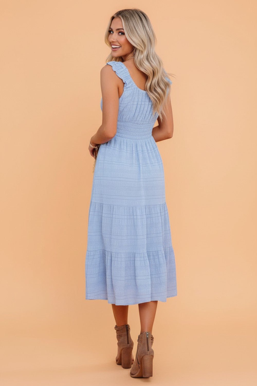 Shirred Pleated Square Neck Sleeveless Midi Dress - Rooted & Reckless Co.