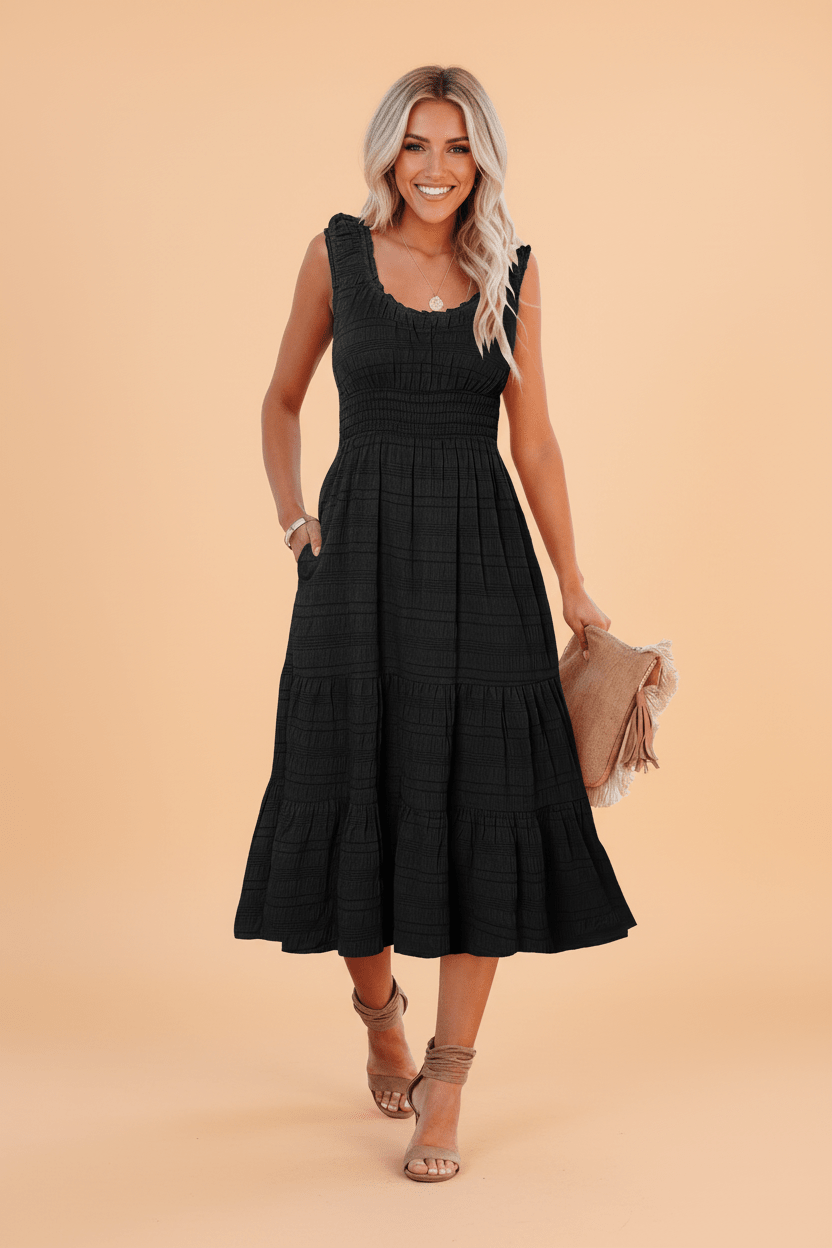 Shirred Pleated Square Neck Sleeveless Midi Dress - Rooted & Reckless Co.