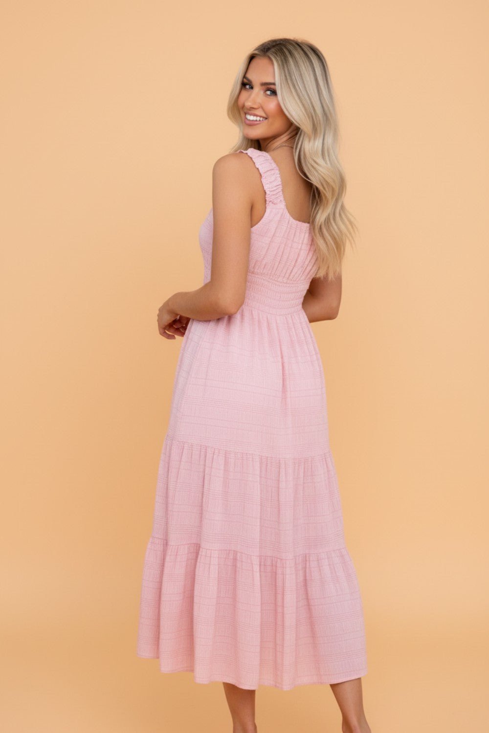Shirred Pleated Square Neck Sleeveless Midi Dress - Rooted & Reckless Co.