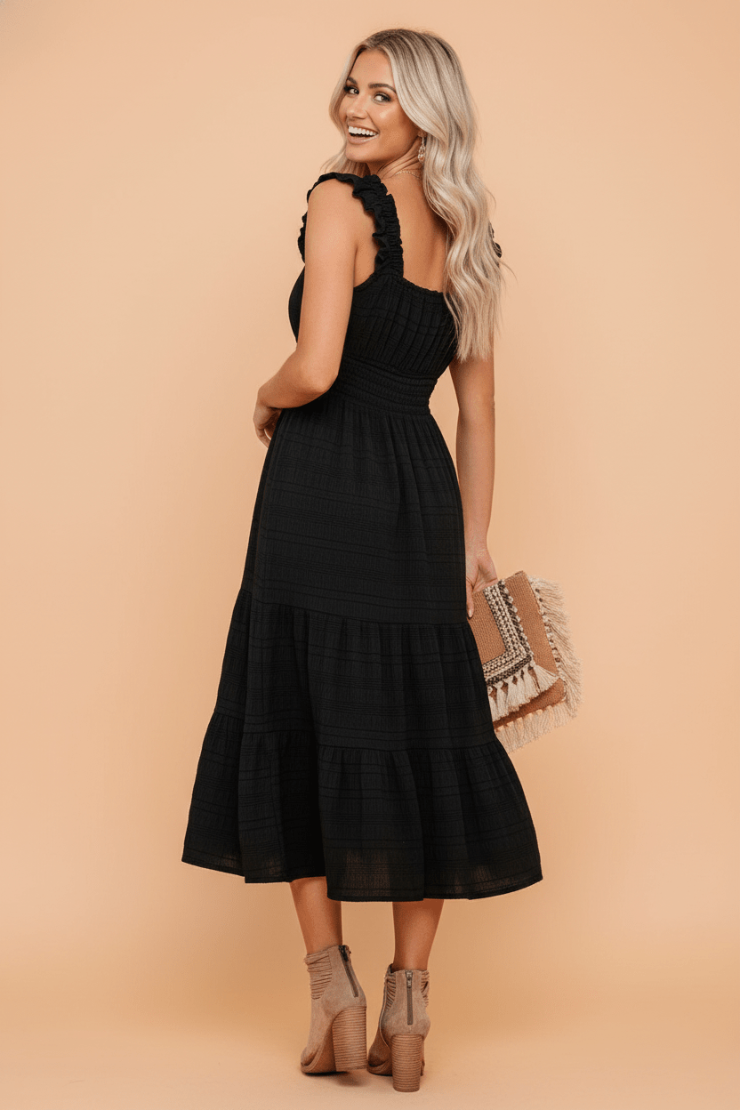 Shirred Pleated Square Neck Sleeveless Midi Dress - Rooted & Reckless Co.